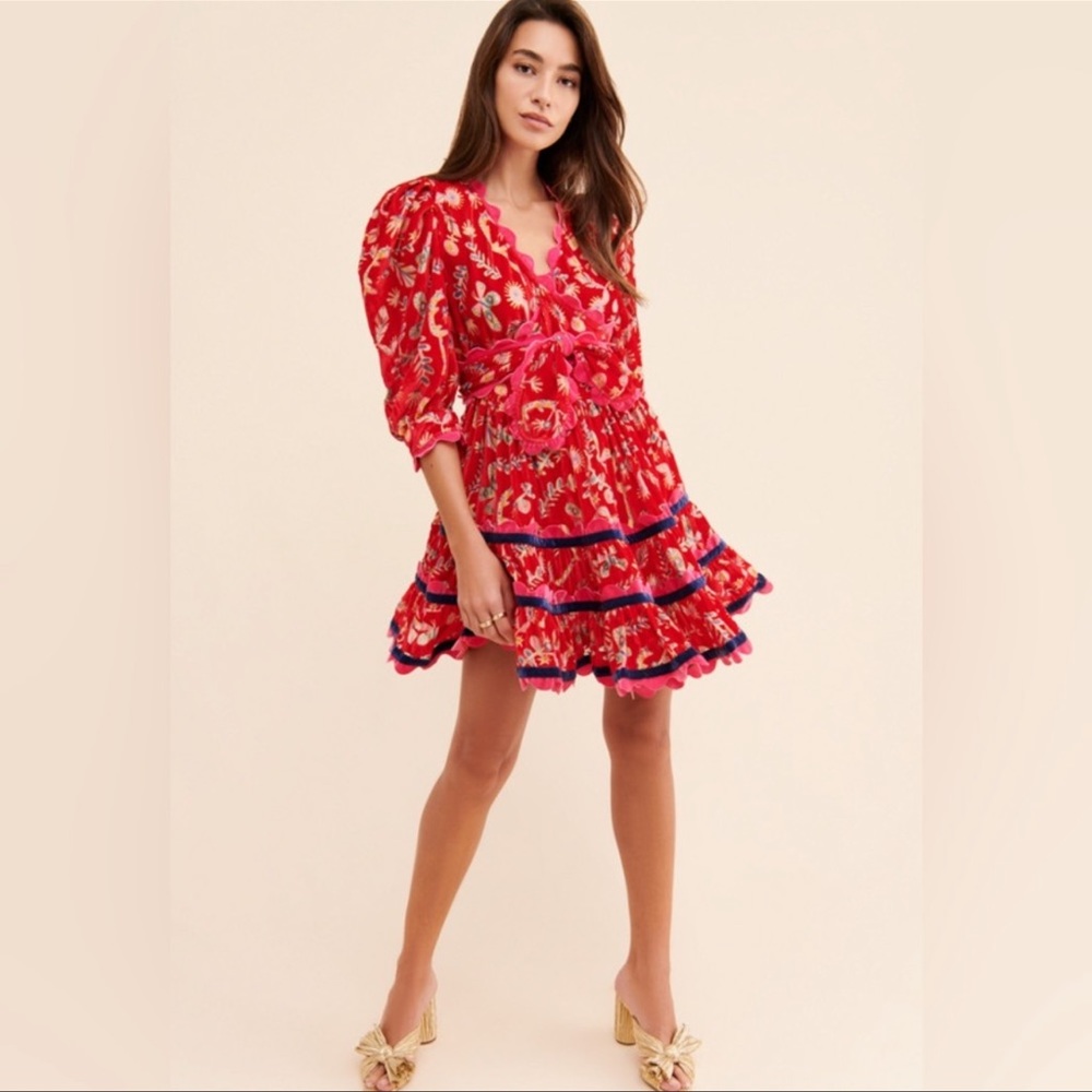 CeliaB Red Floral Mini Dress with Pink & Navy Trim